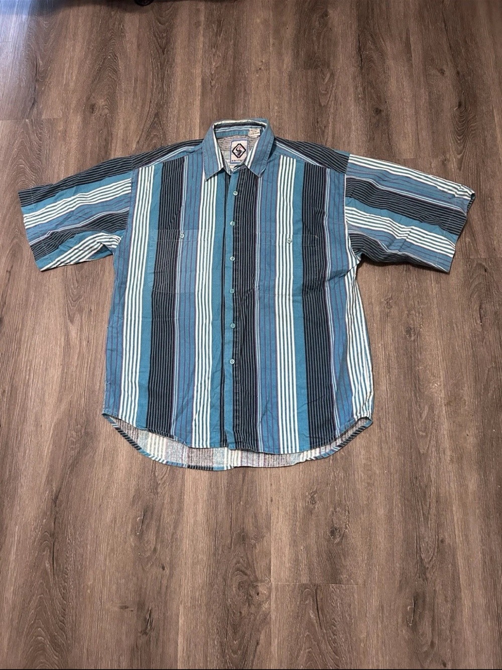 Vintage Santana Striped Button Down Short Sleeve Shirt Blue Purple White Sz XL